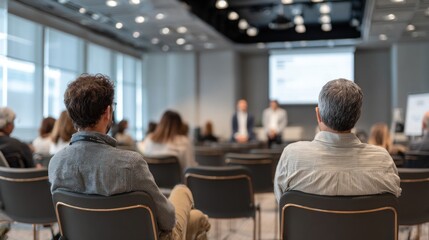 Fototapeta premium Business Professionals Listening to Presentation at Corporate Conference in Modern Hall