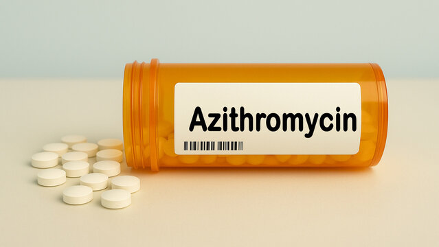 Box of AZITHROMYCIN tablets on a hospital pharmacy table used to treat bacterial infections a macrolide antibiotic.