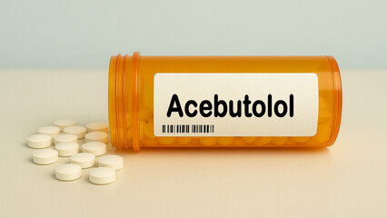 Box of ACEBUTOLOL tablets on a hospital pharmacy table used to treat high blood pressure and angina...