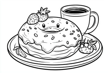 Kawaii doughnut with coffee and fruit coloring page for kids, simple cartoon flat line art with thick black outline design