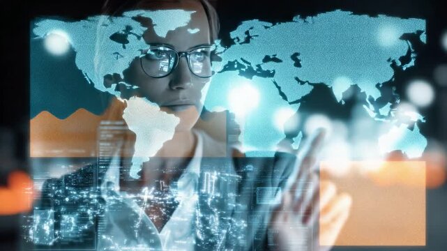 Global Analytics & Insights: A visionary analyst examines the intricate digital world map, illuminated with data points, reflecting on global connections, networks and technology advancements