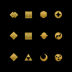 金色の家紋柄セット　黒字背景