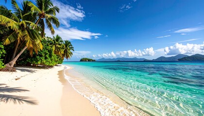 Tropical beach captured with minimalist style, professional photography, no distortion, clean colors