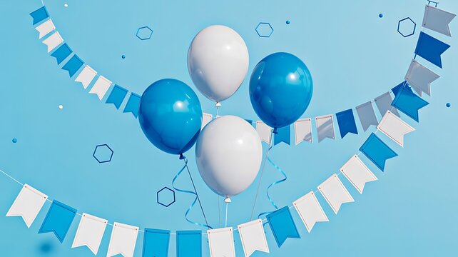 Blue and white balloons with festive paper garlands on backgroundBlue and white balloons with festive paper garlands on background