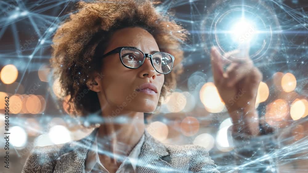 Poster visionary touch: an enlightened professional engages with an advanced network interface, symbolizing
