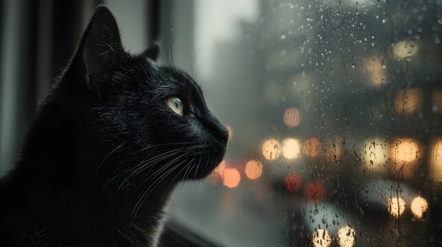 Black cat looking out rainy window wallpaper desktop background image hd