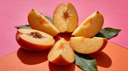 Freshly Sliced Peaches Against Vibrant Orange-Pink Background, Highlighting Juicy Texture and Summer Freshness