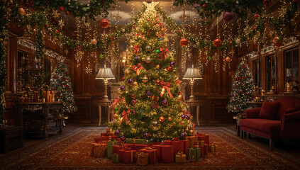 A Majestic Christmas Tree Adorned with Festive Ornaments and Surrounded by Beautifully Wrapped Presents on a Dark Wooden Floor ai generative