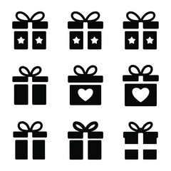 Collection of simple black gift box icons with ribbons and decorations