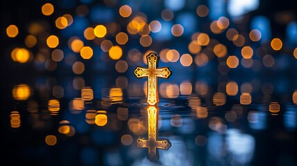 Golden christian cross with glowing bokeh lights in background