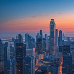 Obraz premium Dense futuristic skyline glowing under misty golden evening sunlight