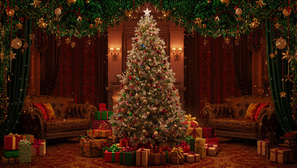 A Majestic Christmas Tree Adorned with Festive Ornaments and Surrounded by Beautifully Wrapped Presents on a Dark Wooden Floor ai generative