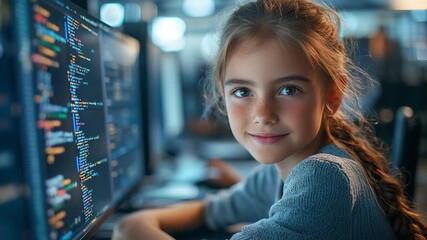 Bright-eyed young girl with freckles smiles confidently sitting in front of computer screen displaying colorful programming code for STEM child development future technology concept - Powered by Adobe
