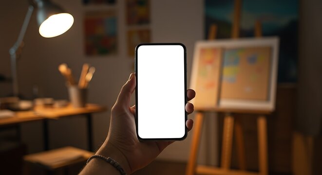 A person's hand holding a smartphone with a blank screen, near an artist's easel.