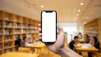 A person holds a smartphone with a blank white screen, with a blurred library or bookstore background.