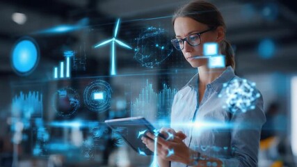 Woman engineer exploring data visualization: A skilled female engineer, immersed in her work, explores intricate data visualizations.