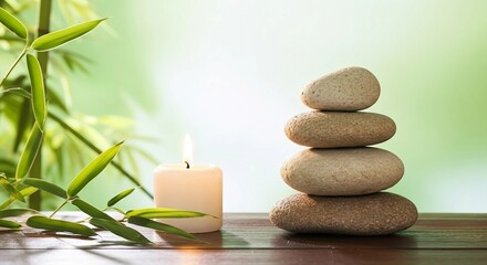 Obraz premium Zen Stones Balanced with Burning Candle and Bamboo | Relaxation, Wellness, and Spa Image for Meditation and Healing