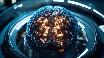 an image of brain and its structure is shown in a high-tech setting, illustrating medical advancements
