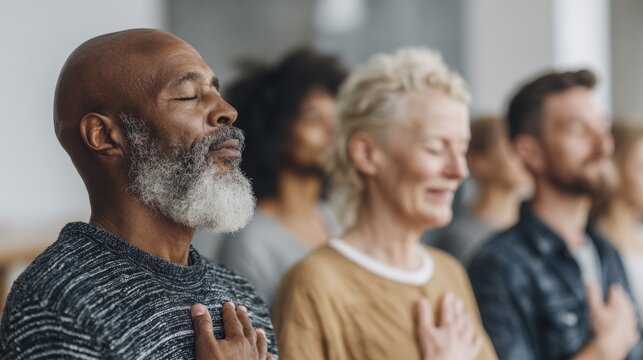 Mindfulness meditation session urban studio group activity peaceful atmosphere close-up inner calm