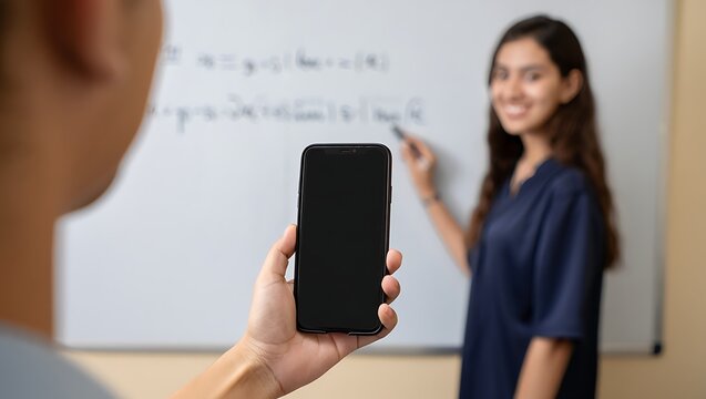 A student holds a smartphone with a blank screen while a young woman writes mathematical equations on a whiteboard in the background. - Powered by Adobe
