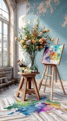 Artist's Studio with Flower Arrangement and Abstract Painting