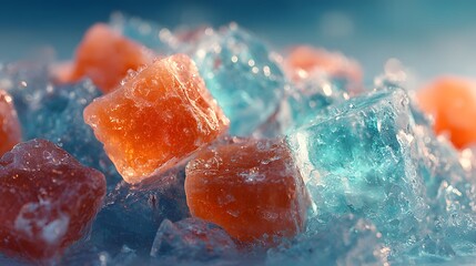 Orange and blue crystal cubes close up abstract background macro photography