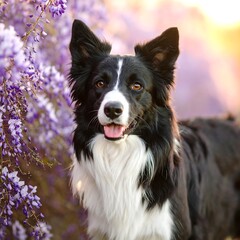 Fototapeta premium Happy Border Collie in Purple Blossoms
