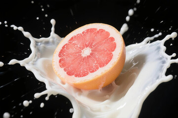 Grapefruit Splash in Milk on Black Background
