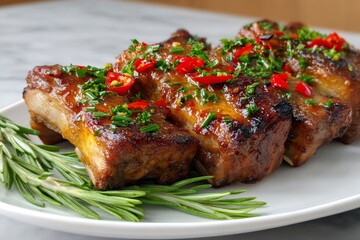 Delicious roasted pork ribs seasoned with rosemary and chili pepper