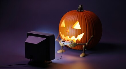 Carved pumpkin playing video games on an old television for halloween fun night