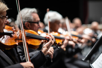 A modern orchestra performing under spotlights