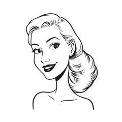 Beautiful Woman Black and White Vector Image Illustration Fashion Girl Portrait Line Art Drawing