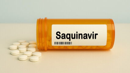 Box of SAQUINAVIR tablets on a hospital pharmacy table used to treat HIV infection an...