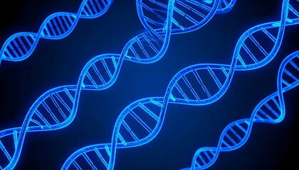 Glowing blue DNA strands twist and intertwine against a dark background