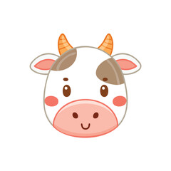 A cute cartoon illustration of a cow's head, featuring a white face with brown spots and small horns.