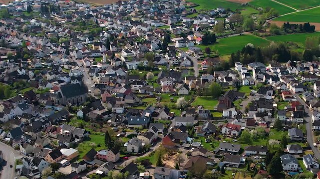 Aerial panoramic view around the  city Hadamar, Germany on a sunny spring morning