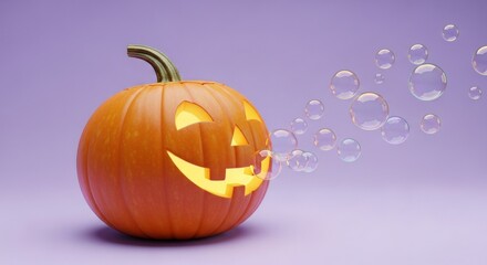 Carved halloween pumpkin blowing bubbles on a purple background for celebration