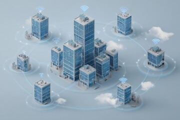 3D model of interconnected city buildings with wireless network connections