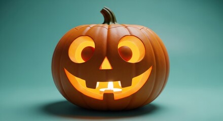 Glowing jack o lantern with a happy face on a teal background for halloween fun