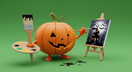 Halloween pumpkin artist painting a spooky haunted house on a green background