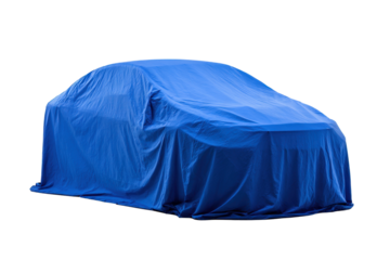 Blue Car Covered with Protective Vehicle Cover on Transparent Background