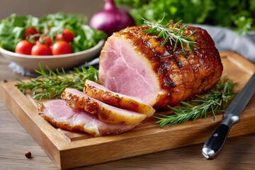 Roasted pork ham with rosemary lying on wooden cutting board