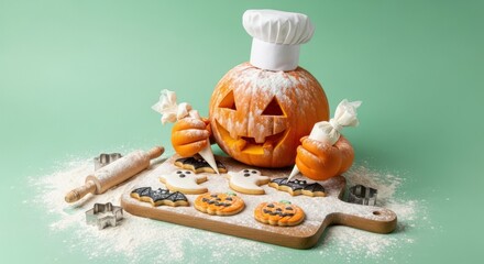 Halloween baking scene with pumpkin chef and cookies on a wooden cutting board