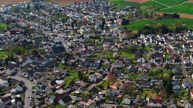 Aerial panoramic view around the  city Hadamar, Germany on a sunny spring morning