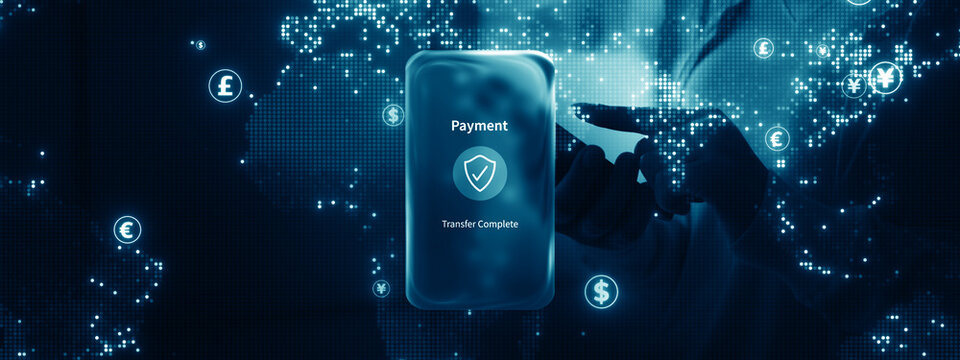 Secure Digital Payment Transfer Concept.Futuristic secure digital payment with smartphone, currency symbols, and global network connection, representing fintech, online banking, and money transfer.