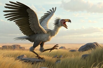 prehistoric terror bird (phorusrhacos) hunting in open plain, dynamic pose