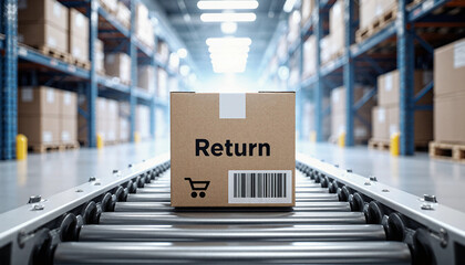 Cardboard return box on a conveyor belt in a modern warehouse for efficient logistics