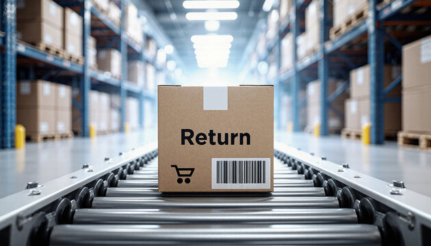Cardboard return box on a conveyor belt in a modern warehouse for efficient logistics