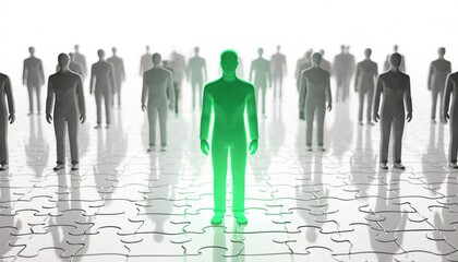 Standing out: A vibrant green figure among a grey crowd on a puzzle grid, representing uniqueness and leadership.