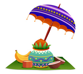Onam Celebration Elements Illustration &ndash; Pot, Umbrella, Banana, Coconut and Festival Decor - Celebration Elements PNG